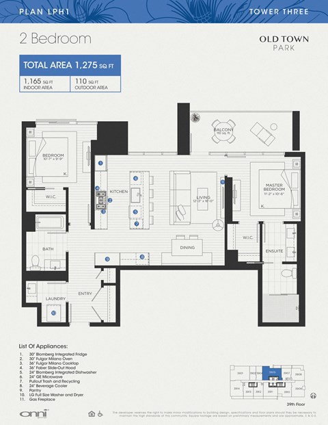 Floor plan for 2 beds, 2 baths, 1165 sqft